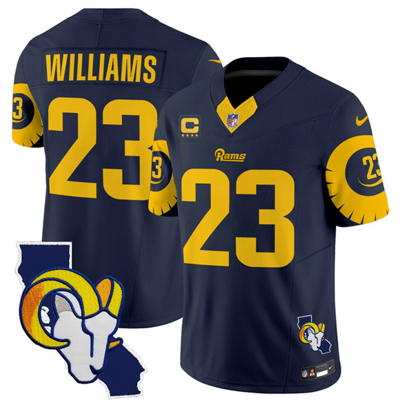 Men's Los Angeles Rams #23 Kyren Williams Navy 2025 4-Star C Patch F.U.S.E. V2 Limited Stitched Football Jersey Men's Los Angeles Rams #23 Kyren Williams Navy 2025 4-Star C Patch F.U.S.E. V2 Limited Stitched Football Jersey